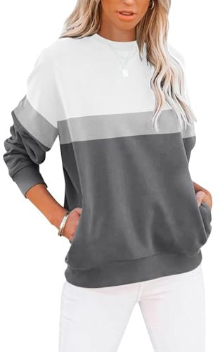 Cuptacc Sweatshirt Damen Pullover Herbst Langarm Casual Oberteile Damen Farbblock Rundhalsausschnitt Locker Tops Weiß Grau Mittel M 38-40
