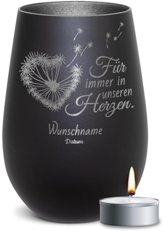 PR Print Royal Trauer Windlicht mit Gravur - Für Immer in unseren Herzen - mit Name & Datum gravieren - Trauergeschenk, Gedenklicht, Geschenke für Trauernde | inkl. Teelicht, 450 ml, Schwarz/Silber