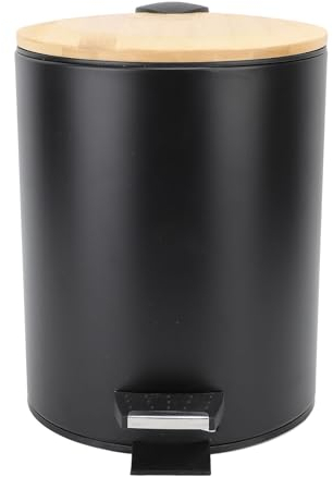 Fdit Poubelle Ronde de Grande capacité avec Couvercle en Bambou Noir, Poubelle à Fermeture Douce, pour Salle de Bains et Cuisine (7L)