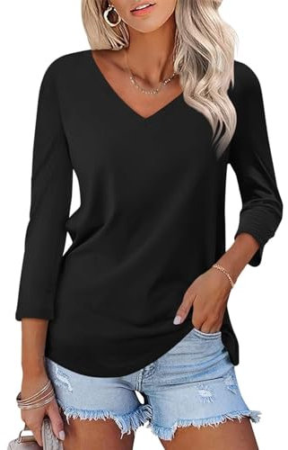 AirMood Womens 3/4 Length Sleeve Shirts Tops Casual V-Neck T-Shirts Basic Blouses (Black,XXL)