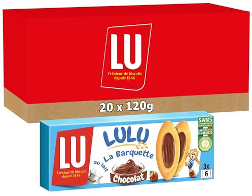 LU - LULU La Barquette Chocolat - 20 Boîtes de 3 sachets de 6 Biscuits Lulu La Barquette Chocolat - Biscuit Moelleux Fourré au Chocolat - Idéal à Emporter pour le Goûter des Enfants - Lot de 20x120g