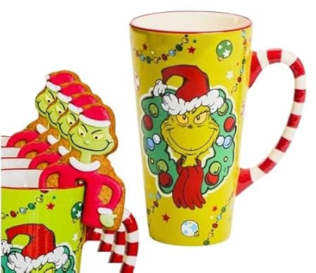 Festive Holiday Latte Mug & 4 Gingerbread Biscuit Mug Huggers – 500 ml Playful Ceramic Coffee & Tea Cup for Grinchmas & Christmas Cheer – Gift for Hot Cocoa Lovers & Xmas Stocking Fillers