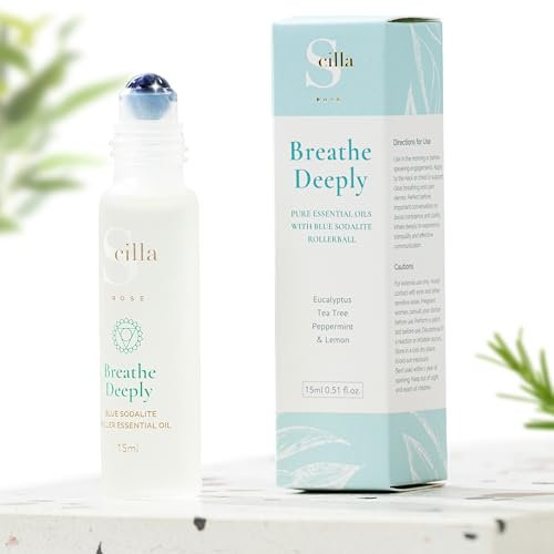 Hals-Chakra ätherisches Öl Pulspunkt Rollerball - Eukalyptus, Teebaum & Zitrone mit blauem Sodalith - Selbstbewusstseins-Boost, Angstlinderung, Entspannung, Achtsamkeit Geschenke für Erwachsene Frauen
