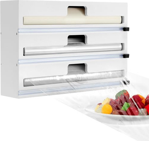 Housolution Porta Pellicola e Alluminio, Dispenser per Pellicola e Alluminio Lunghi 30cm, 3 in 1 Taglia Pellicola e Alluminio con Taglierina da Cucina, Bianco