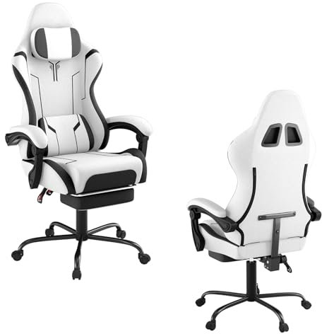UISEBRT Silla ergonómica para juegos con masaje y reposapiés, cómodo sillón para videojuegos, respaldo ajustable, reposacabezas y cojín lumbar de masaje - blanco y negro