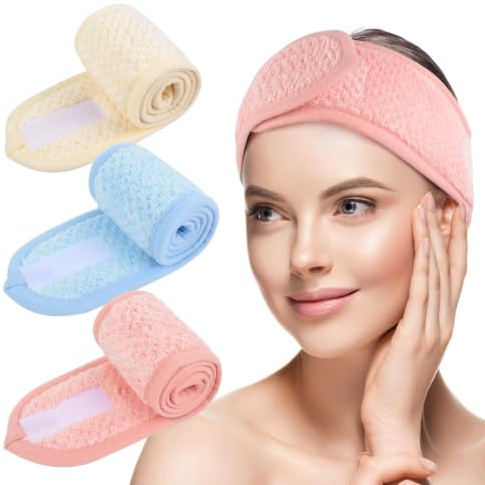 KinHwa Kosmetik Stirnband Haarband Damen mit Klettverschluss-Dreifarbig-2 | Mikrofaser Frottee flauschig weich rutschfest verstellbar Schminken Abschminken Gesichtsreinigung, Sport , 3 Stück
