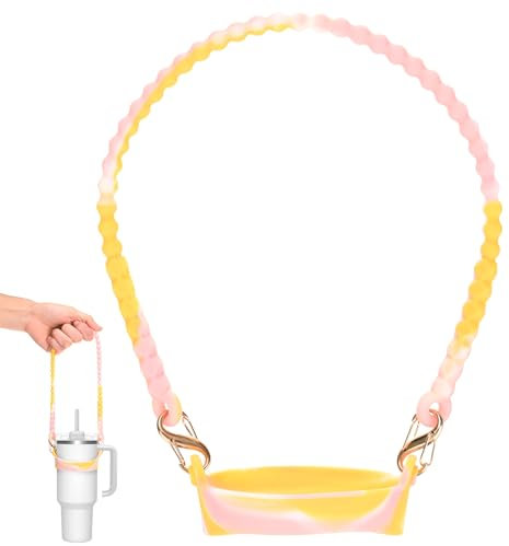 M METERXITY Water Bottle Handle, 15.7 Inch Silicone Portable Water Bottle Sling Carrier, Holder with Straps for Stanley Cup/Most 8-40oz Cups Accessories [Yellow Pink]