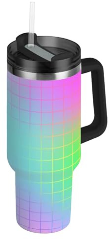 EtherSpher Thermobecher mit buntem Laser-Design, quadratisch, vakuumiert, breite Öffnung, isoliert, mit Strohhalm-Deckel, dekorativer Thermobecher für Zuhause, Büro oder Auto, 1,2 l