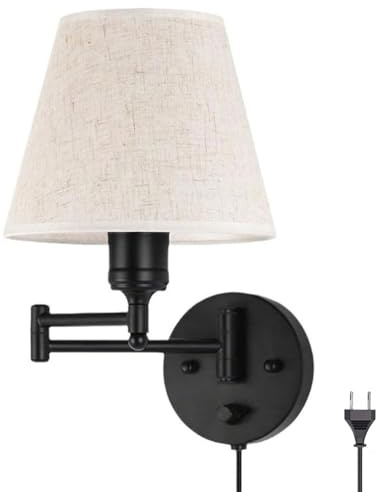 AoLa Wandleuchte Schwarz Metall Vintage Einstellbar Schwenkarm Wandlampe mit Schalter, 1,6 m Kabel mit Stecker, Stoff Schirm, E27 Bettlampe Wand-Leselampe für Wohnzimmer Schlafzimmer Flur,1 Pack
