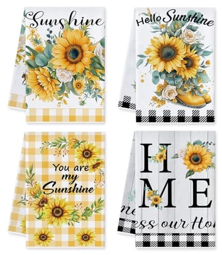 Sonnenblume Küchentücher, 4 Stück Mikrofasertücher, Saugstarke Weiche Geschirrtücher, Reinigungstücher, Trockentücher Küche Badezimmer Dekorative, Microfaser Putztuch zum Reinigen, Kochen, 66 x 45 cm