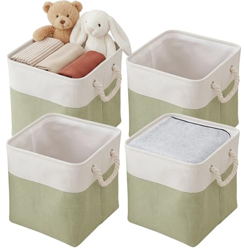 Fabric Storage Box [4-Pack], Foldable Storage Baskets for Organizing Toys, Books, Shelves, Closet, Large Storage Box with Rope Handles, Sturdy Organizer Bins, Office Supplies and Other Sundries, Green