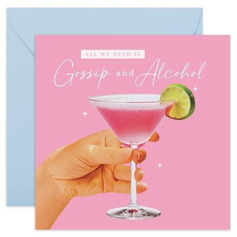 Girls Night Gruß - All We Need Is Gossip and Cocktails - Pink Martini Design - Fun Card for Best Friend, Sister, Colleague, Her - Hen Party or Birthday - Includes Fun Stickers