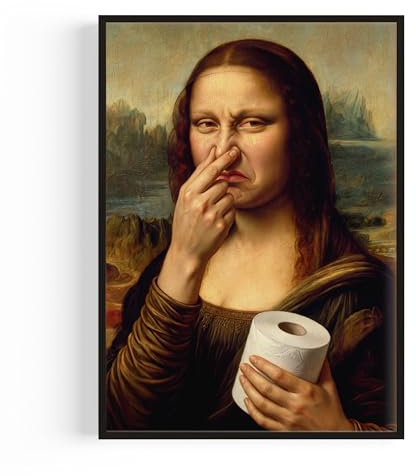 HeimDesign Lustiges Badezimmer Poster Mona Lisa Nase zu (DinA3, DinA4) | mit Klopapier und Nase zu Geste Ironische Wanddeko für Toilette Gäste WC oder Bad Vintage – Mona Lisa Toilette