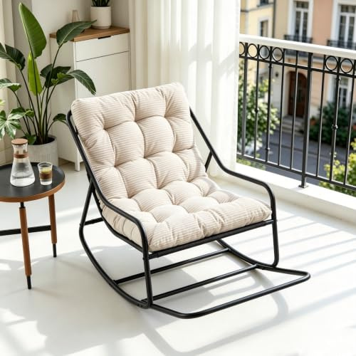 Ball & Cast Schaukelstuhl für Drinnen & Draußen, Rocking Chair mit Gepolstertem Kissen und Fußstütze, Balkonsessel für Wohnzimmer, Garten & Terrasse, Weiß