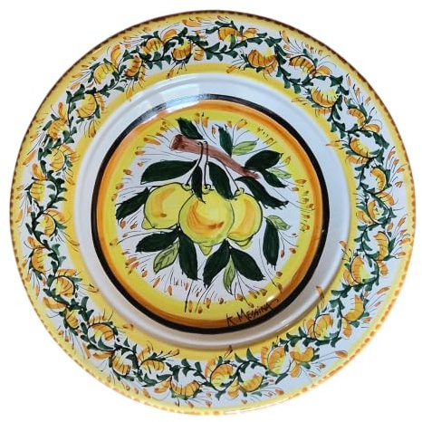 Le Ceramiche di Ketty Messina Piatto in Ceramica Siciliana cm 30 Dipinto a Mano con Limoni Centrotavola Decorativo