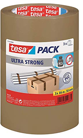 tesapack Ultra Strong - PVC-Klebeänder für festes Verpacken und sicheres Bündeln - Braun - 66 m x 50 mm, 3er-Pack