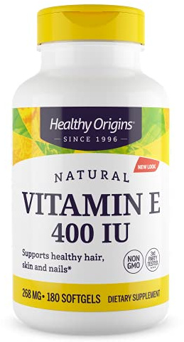 Healthy Origins Vitamin E 400 IU (Natural, Non-GMO, Gluten Free, Skin Support, Cardiovascular Support), 180 Softgels