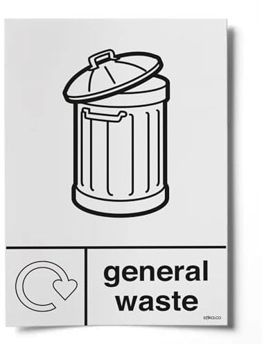 stika.co General Waste Recycling Sticker – WRAP Recycle Now Sign – A5 210 x 148mm Self-Adhesive Vinyl – BS EN ISO 7010 Compliant – Eco Bin Label for Outdoor Use