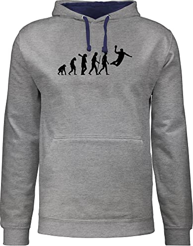 Pullover Frauen Hoodie Kontrast zweifarbig - Entwicklung und Outfit - Handball Evolution Herren - L - Grau meliert/Navy Blau - pulli damen männer kapuzenpullover hoody geschenke für handballer