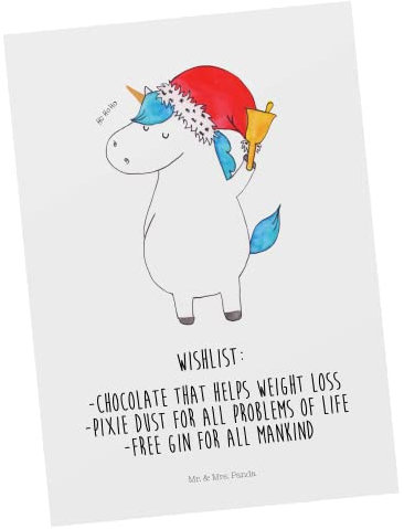 Mr. & Mrs. Panda Grußkarte, Geschenkkarte, Postkarte Einhorn Weihnachtsmann mit Spruch - Farbe Weiß