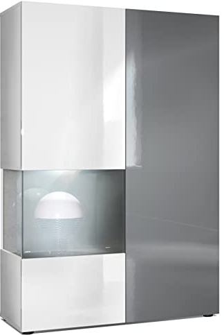 Vladon Vitrine Kommode Hochschrank Morena, Made in Germany, Korpus in Weiß matt/Rechte Tür und der Einsatz in Grau Hochglanz, inkl. LED Beleuchtung