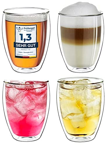 Creano doppelwandiges XXL Thermoglas 400ml, Extra großes hitzebeständiges Kaffeeglas/Teeglas/Latte Macchiato aus Borosilikatglas, 4er Set