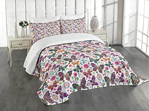 ABAKUHAUS Schmetterling Tagesdecke Set, Retro Style Ornament, Set mit Kissenbezügen Waschbar, für Doppelbetten 220 x 220 cm, Lila Magenta