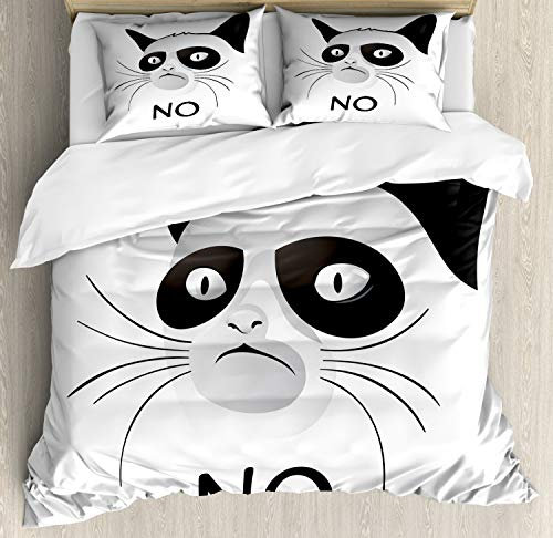 ABAKUHAUS Tier Bettbezug Set für Einzelbetten, Grumpy Gesicht Famous Cat, Milbensicher Allergiker geeignet mit Kissenbezug, 200 x 200 cm - 70 x 50 cm, Schwarz und weiß