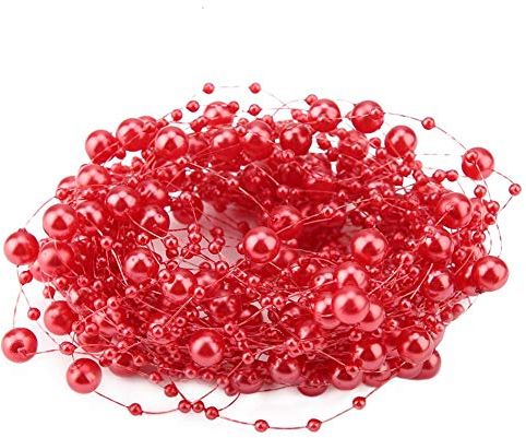 HERCHR 10M Perlengirlande Künstliche Perlen, Perlenband Perlenkette Deko, Perlenschnur Weihnachtskette Weihnachten Advent Garland-Blumen, Hochzeitsfeier Dekoration(rot)