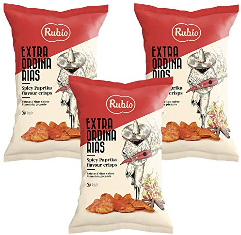 3x Rubio Chips, Scharfe Paprika Chips, Glutenfrei, Vegan, Großpackung, Spanische Kartoffelchips, Chipstüten, Snack, 110 g