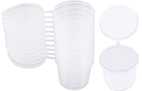 CYH 100 Pack 1oz Round Food Containers with Hinged Lids, Plastic Lid Deli Pot Sauce Pots Reusable Small Jelly Shot Cups Takeaways Containers for Chutney Slime Dressings Sauces Ketchup Salads, Clear