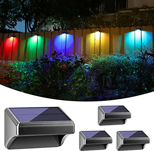 Bridika Solar Fence Lights, Fence Lights Fence Solar Lights Outdoor Waterproof Warm White & Color Glow LED Solar Lights for Backyard, Patio, Deck Railing, Stair Handrail, Pool and Wall (4 Packs)