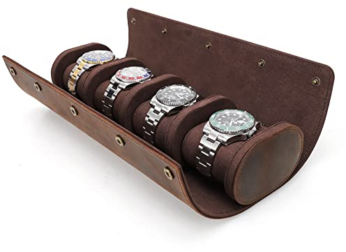CONTACTS Contact's JewelryWatchse Aufbewahrungsbox aus echtem Leder und zylindrische Uhrenschutzhülle, weiche Tasche (Coffee2, für 4 Uhren) …