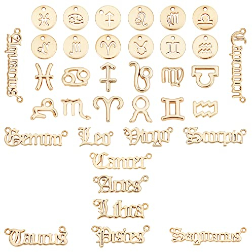 SUNNYCLUE 1 BOX 3 Sets 36Pcs Gold Zodiac Charm Alloy Twelve Constellation Sign Word Epoxy Resin Fillers Virgo Scorpio Libra Leo Flat Round Pendants for Jewelry Making Charms Bracelets Nails Findings