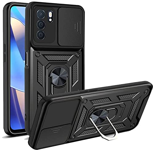 PANXIYUE Cover per oppo Reno 6 5G,Custodia con Scorrevole Fotocamera Proteggi Hard PC Back e TPU Bumper Antiurto Case con 360°Rotante Anello Supporto Cover per Oppo Reno 6 5G,Nero