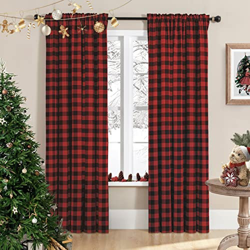 Melodieux Buffalo karierte Vorhänge, Gardinen für Wohnzimmer, Bauernhaus-Gingham-Stil, Baumwolle, Textur, Stangentasche, Schlafzimmer, Halbvorhänge, Schwarz, Rot, 132 x 213 cm (2 Paneele)