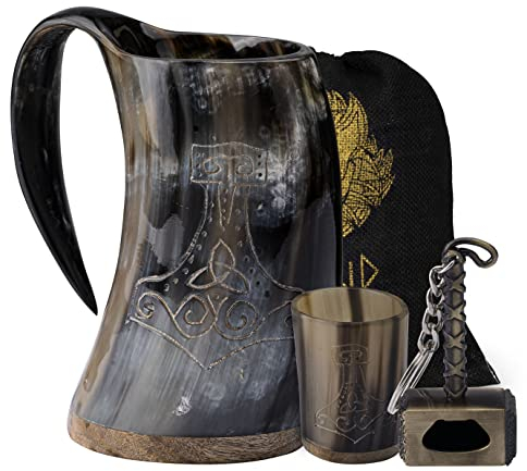 FENRIR Premium Viking Natural Drinking Horn Mug Authentic Food Grade with Short Glass and Bottle Opener for Ale Beer Cold Drink (16-oz 3 Pieces Set Size-6.5 Inch)