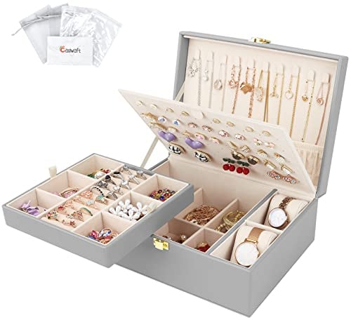 Jewellery Box Organiser for Necklaces Earrings Bracelets Rings Watches, 2 layer Large PU Leather Travel Jewelry Storage Case with Removable Tray and Large Stud Plate, Grey