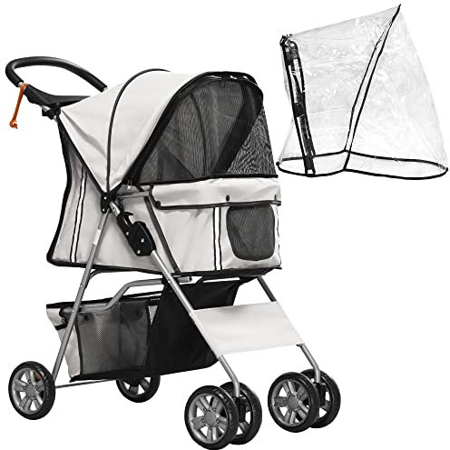 PawHut Hundebuggy, Hundewagen mit Regenverdeck, faltbarer Hundetrolley bis 10 kg, Katzenbuggy für kleine Hunde mit Netzfenster, Katzenwagen, Grau, 75 x 45 x 97 cm