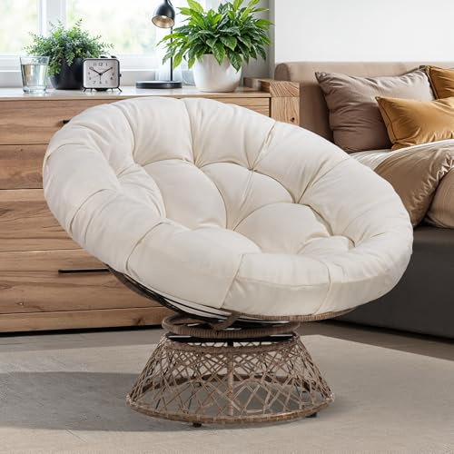 Bme 40 Ergonomic Wicker Papasan Chair with Soft Thick Density Fabric Cushion, High Capacity Steel Frame, 360 Degree Swivel for Living, Bedroom, Reading Room, Lounge
