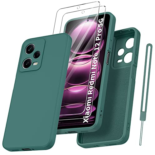 Qasyfanc Handyhülle für Xiaomi Redmi Note 12 Pro 5G Hülle mit 2 Stück Schutzfolie, Silikon Case Ultra Dünn Microfiber Kameraschutz Schutzhülle für Xiaomi Redmi Note 12 Pro 5G - Dunkelgrün