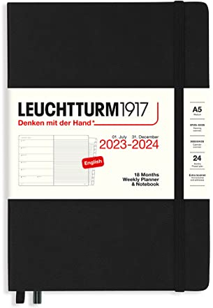 LEUCHTTURM1917 367690 Weekly Planner & Notebook Medium (A5) 2024, 18 mesi, nero, inglese
