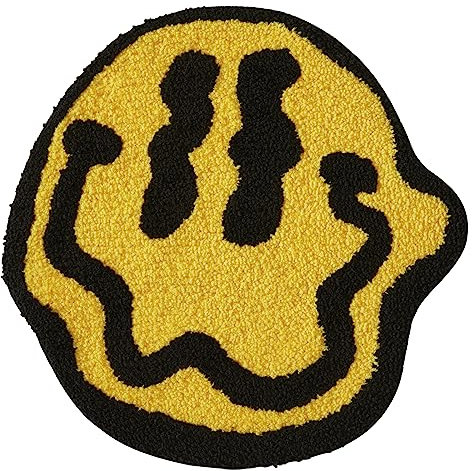 Estmy Niedlicher Hippie-Teppich für Badezimmer, Schlafzimmer, Wohnheim, Küche, rutschfest, waschbar, fröhliches Gesicht, Gelb und Schwarz, Retro, Vintage, Trippy, ästhetischer Kreis, Überwurf,
