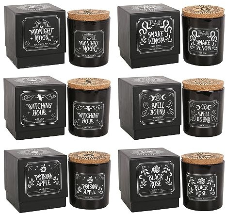 Enchanting Lot de 6 bougies rituelles de minuit | Couvercle en liège mystique | Parfum envoûtant | Grande taille | Pomme empoisonnée, encens lié au sort, rose noire | Longue durée de combustion (21H)