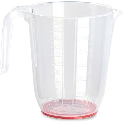 Tradineur - Jarra Medidora transparente con asa - Fabricada en plástico - Capacidad de 1 L - Base antideslizante - 14,5 x 16 x 8 cm