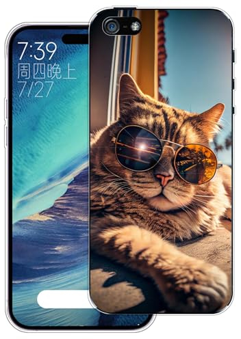 WUACYEAMING Hülle für iPhone 5/5S/SE(2016),Aesthetic Motiv Weiche Silikon Muster TPU Bumper Stoßfest Schutzhülle Transparent Mädchen mit Cover HandyHülle case Pattern-(Katze)