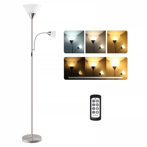 tomons LED Stehlampe Wohnzimmer, Stehlampe Dimmbar mit Leselampe und Fernbedienung, Stehleuchte 3 Farb, Helligkeit Stufenlos, Touch-Steuerung, Deckenfluter mit Zwei Lampenköpfen
