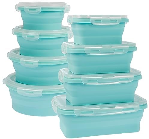 Eummy 8 Pack Set Collapsible Silicone Food Container with Lids Reusable Lunch Box Portable Outdoor Picnic Box Space Saving Stackable Fresh Fold Food Containers for Kitchen School Office