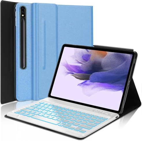 Galaxy Tab S7 FE Case 12.4 Tablets with Keyboard for Samsung Galaxy Tab S8 Plus/Tab S7 Plus S7+ S8+Case,7 Colors Backlit Tablet Cover Wireless Bluetooth Keyboard with S Pen Holder (Sky Blue)
