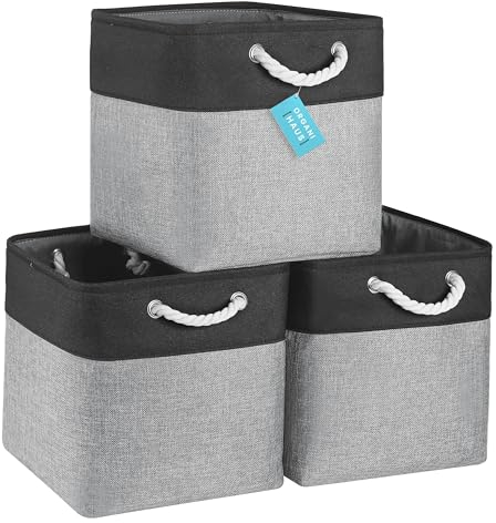 OrganiHaus 30x30 Cube Storage Bins Set of 3, Fabric Cube Baskets for Storage Shelves, Foldable Storage Cubes for Kallax Organizer Cube Bins w Rope Handles, Cubby Bins for Nursery Decor -Grey/Black